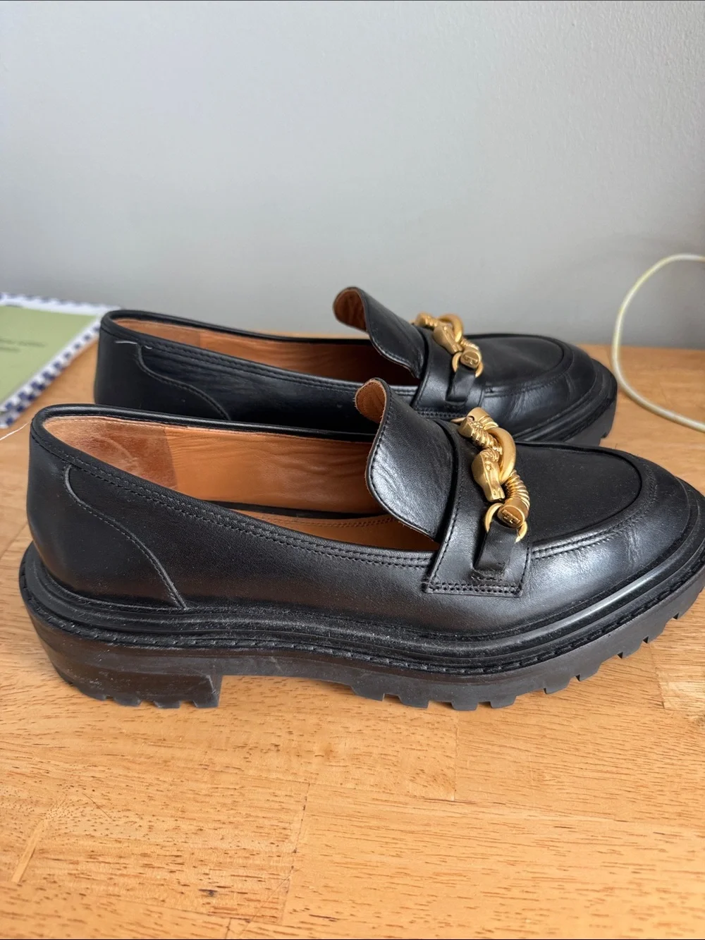 Tory Burch Black Leather Loafers with Gold Chain Detail